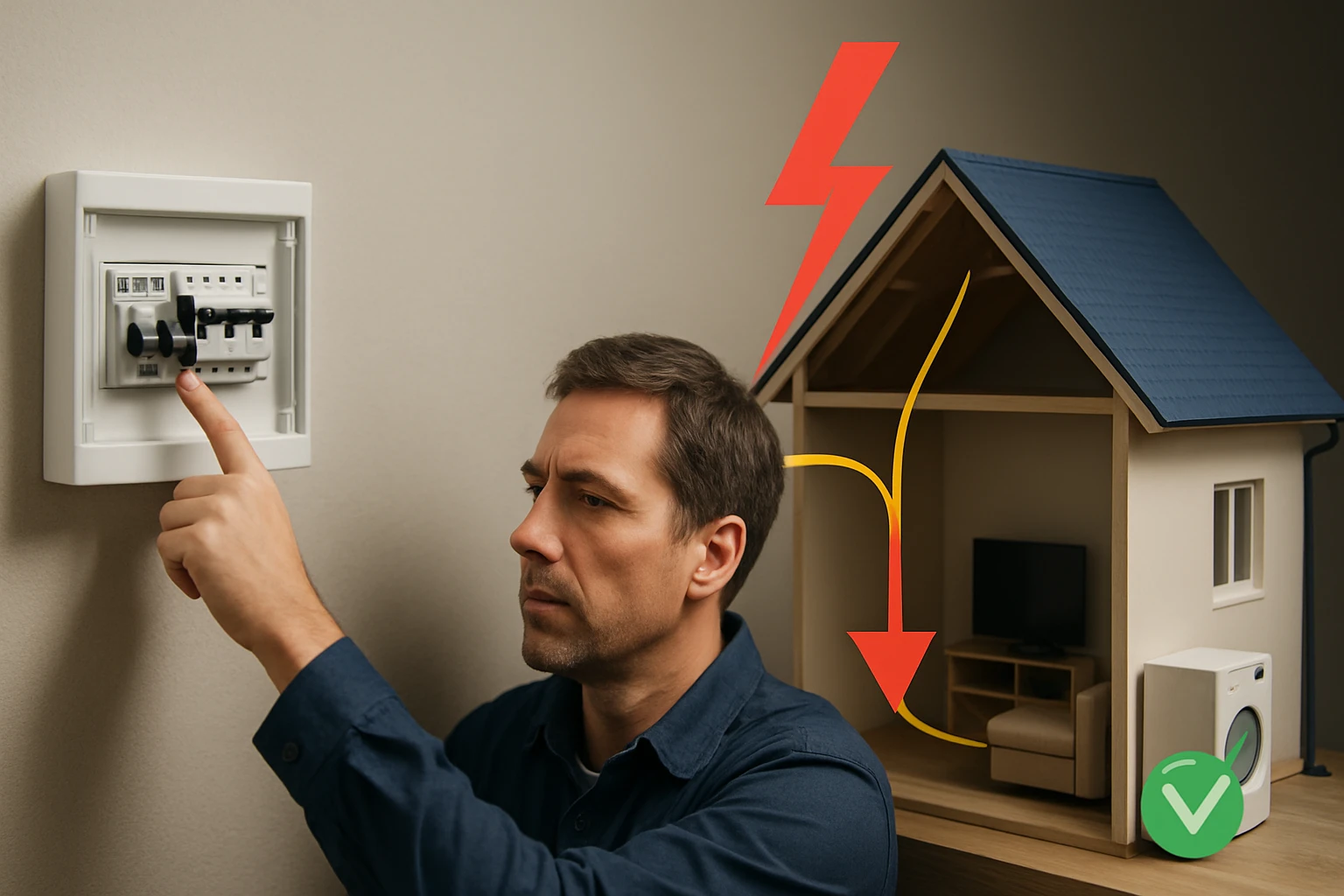 Egy férfi egy elektromos kapcsolót állít be, miközben egy ház modell látható a háttérben.