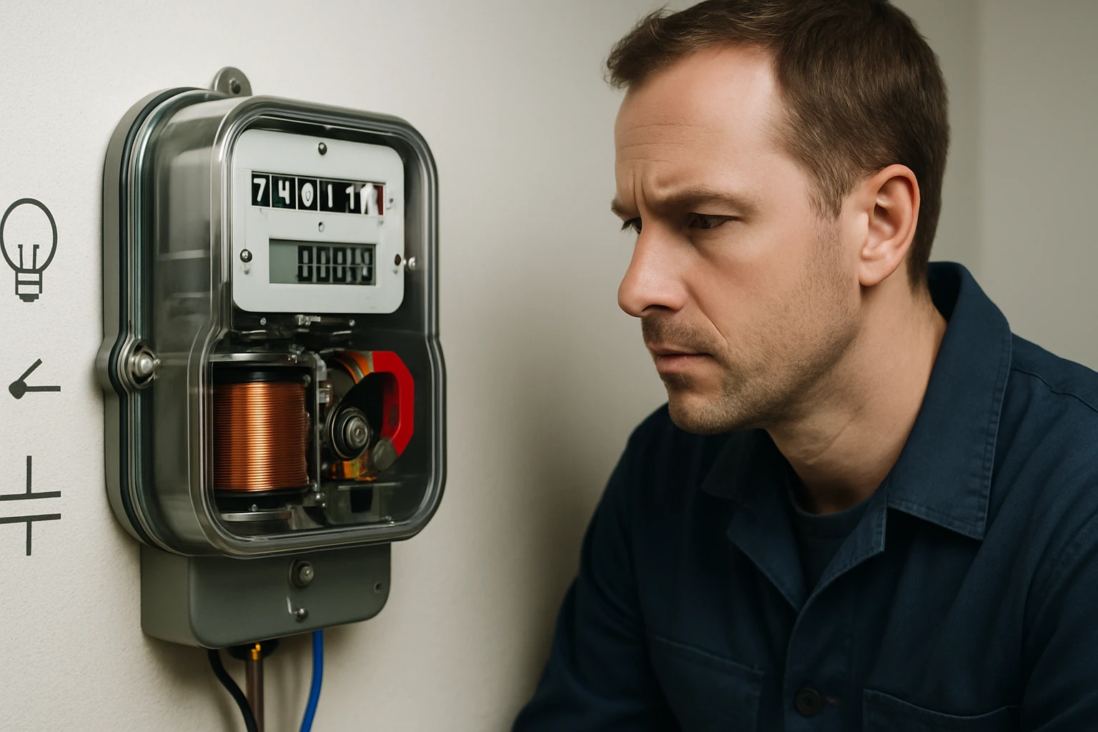 Egy férfi figyelmesen nézi az elektromos mérőt, amely a falon van.
