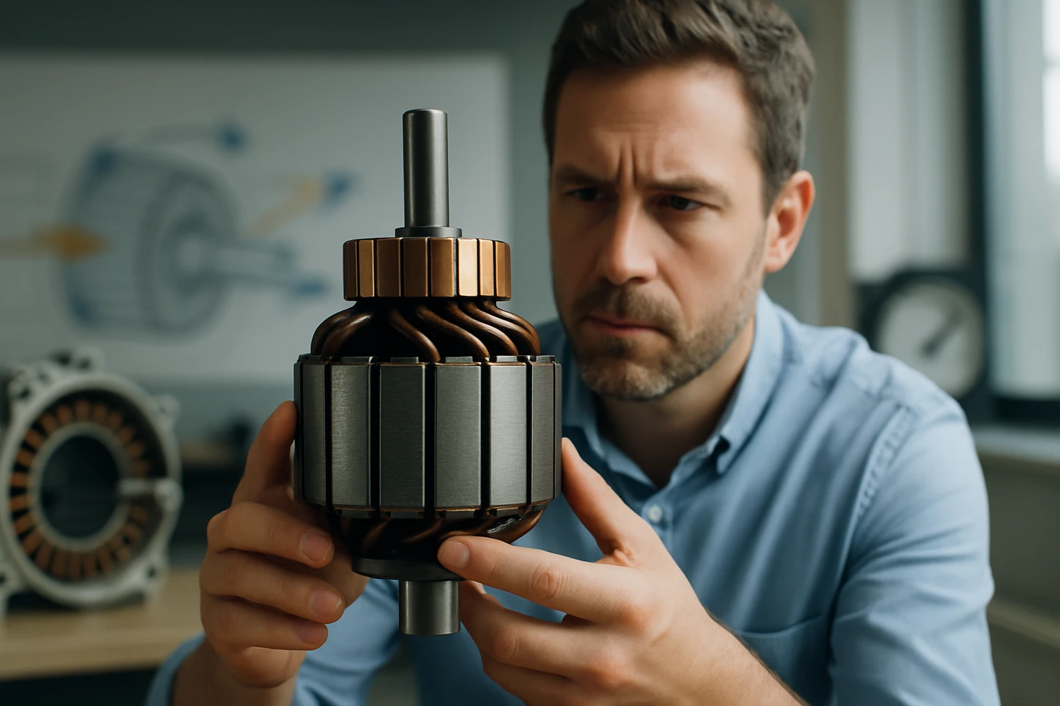 Egy férfi alaposan megvizsgál egy elektromos motor alkatrészt, miközben a háttérben egy motorrajz látható.