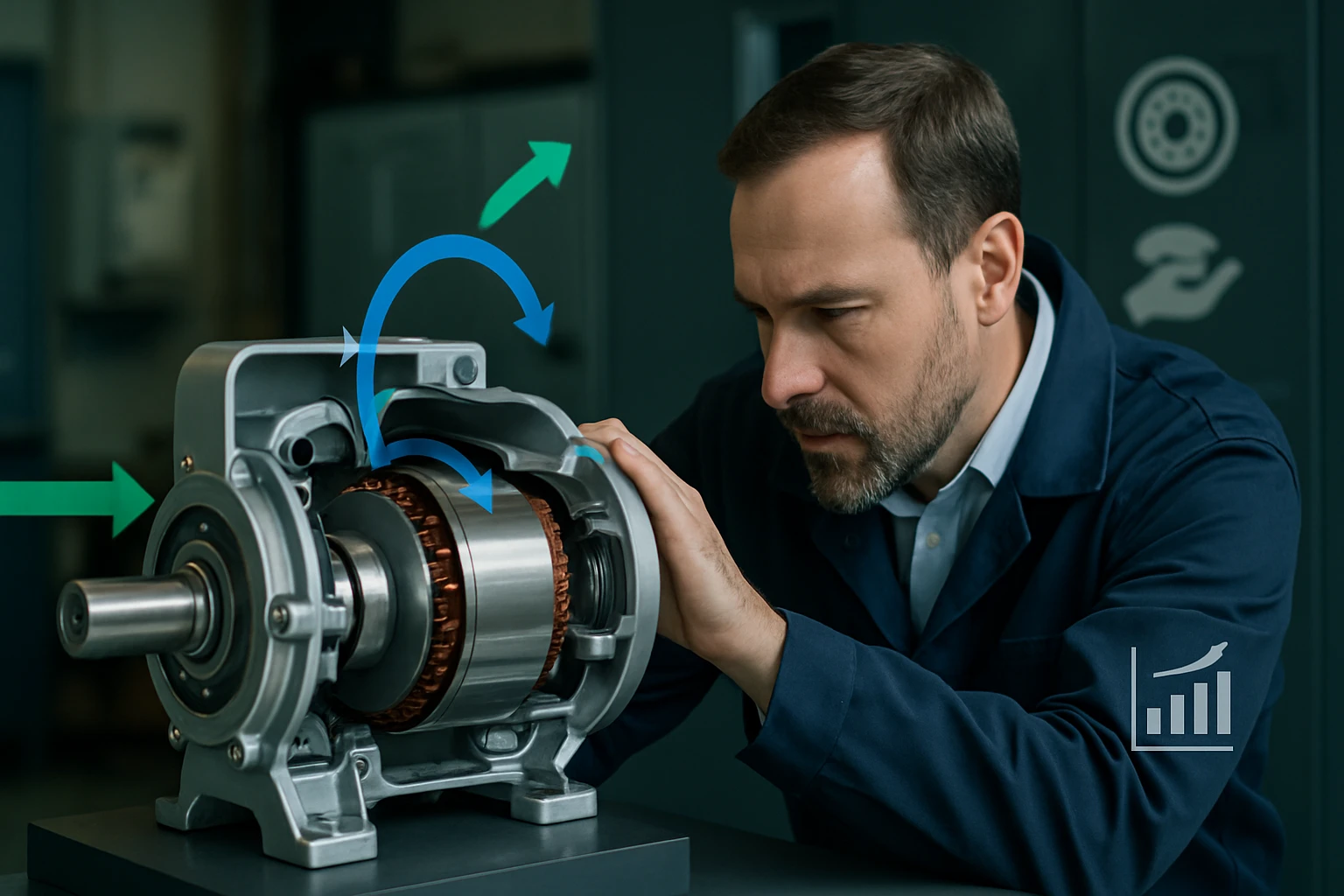 Egy mérnök alaposan megvizsgál egy elektromos motort, figyelve a belső alkatrészek működésére.