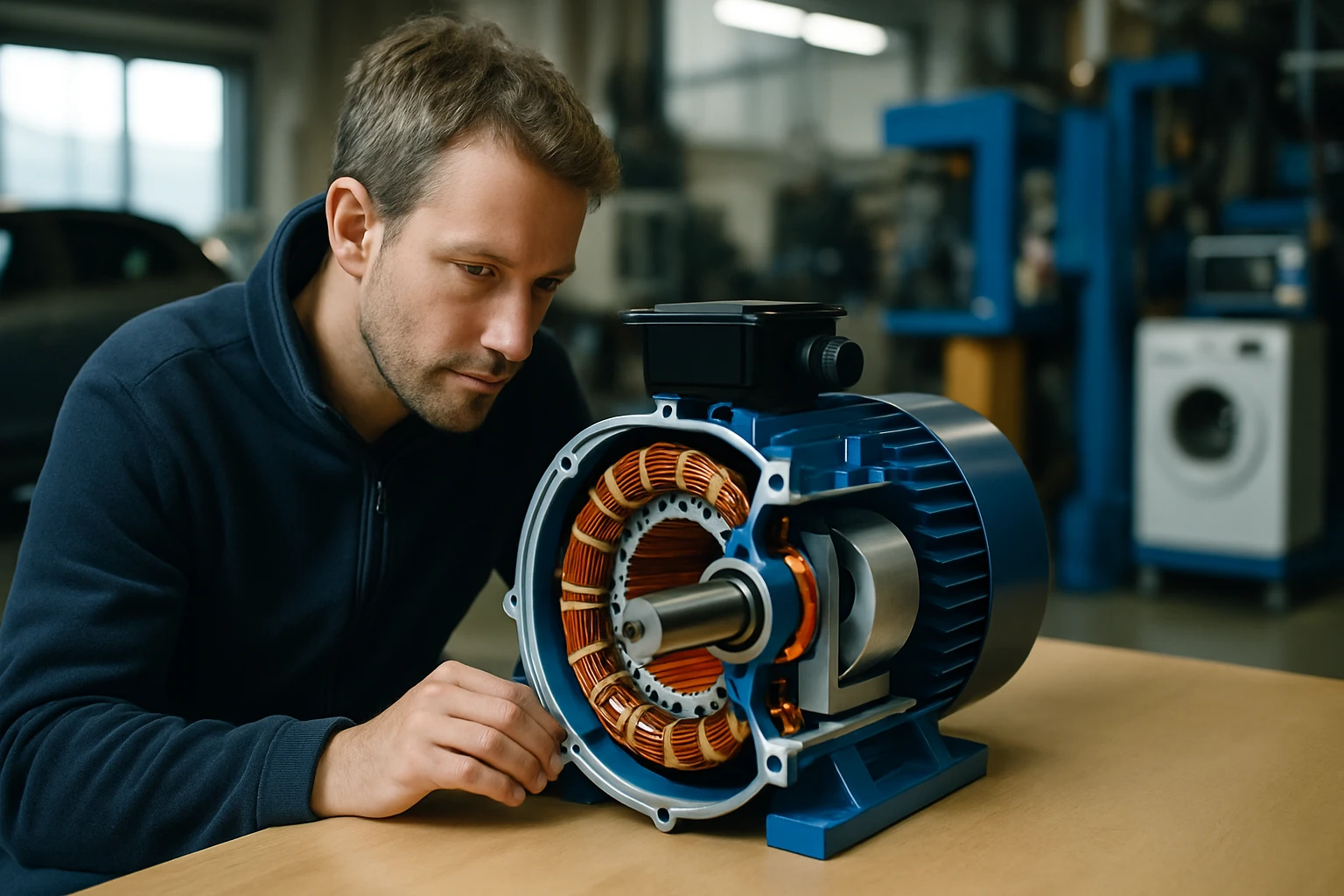 Egy férfi alaposan megvizsgál egy elektromos motort, amelynek belső szerkezete látható.
