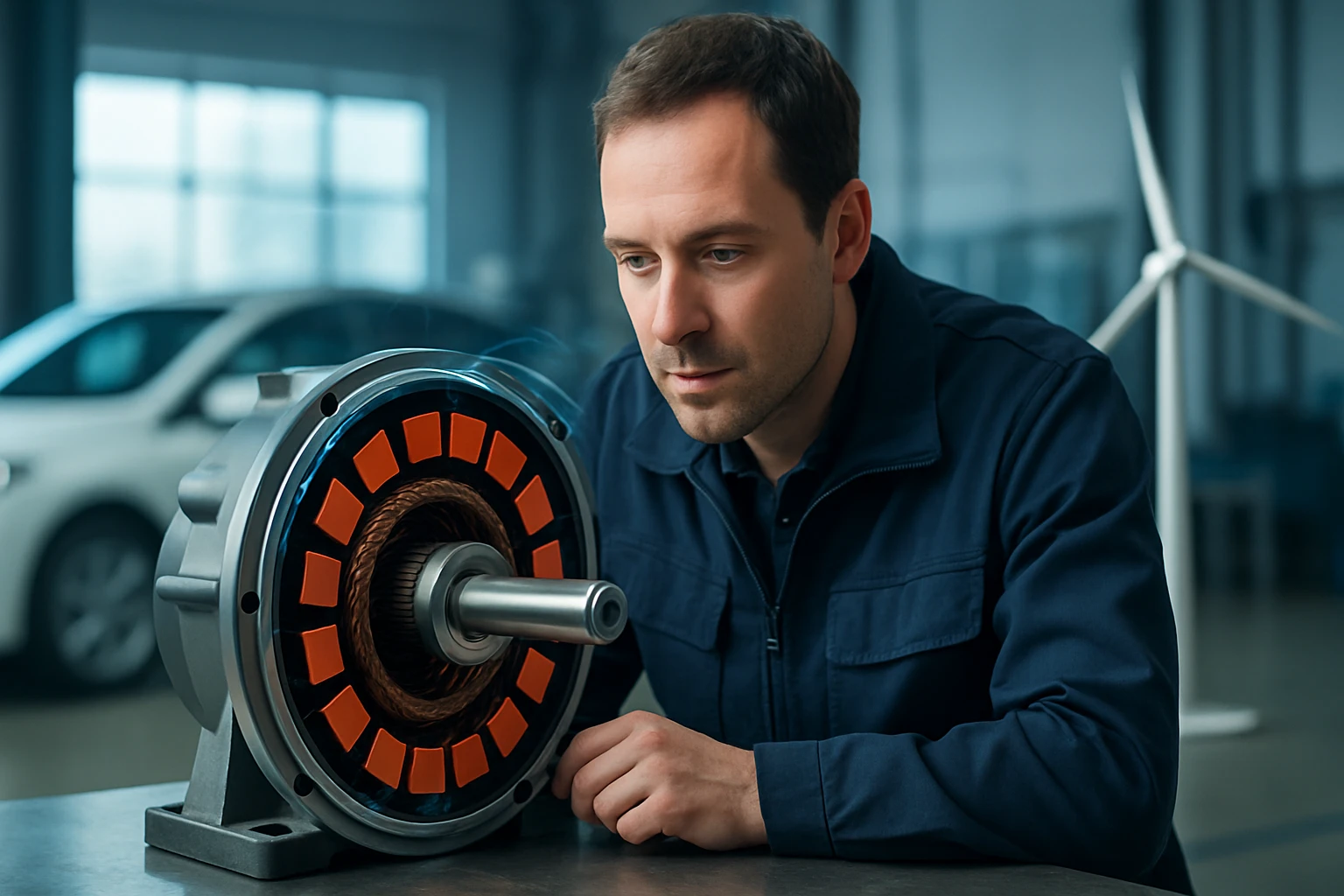 Egy férfi figyelmesen nézi az elektromos motort egy műhelyben, háttérben autóval.