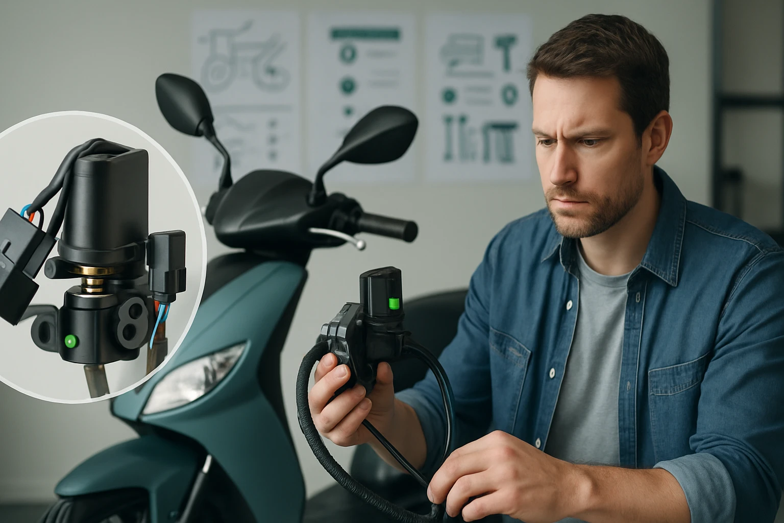 Egy férfi figyelmesen vizsgál egy elektromos robogó alkatrészt, miközben a háttérben a robogó látható.