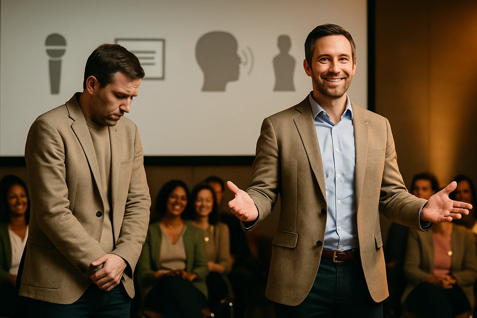 Két férfi egy előadáson, az egyik mosolyogva beszél, míg a másik szomorúan áll.