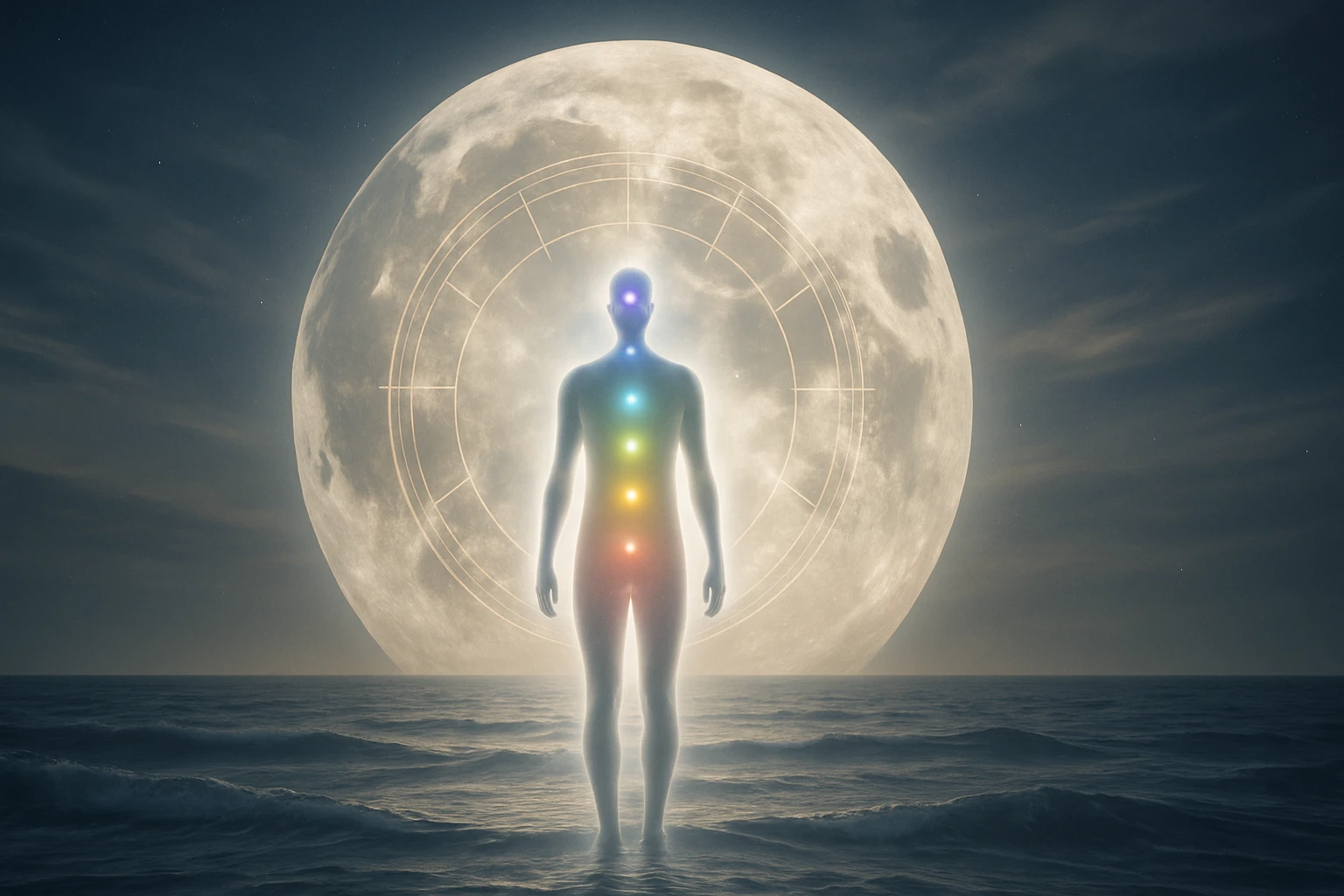 Egy emberi alak áll a vízben, mögötte hatalmas telihold és színes csakrák láthatók.