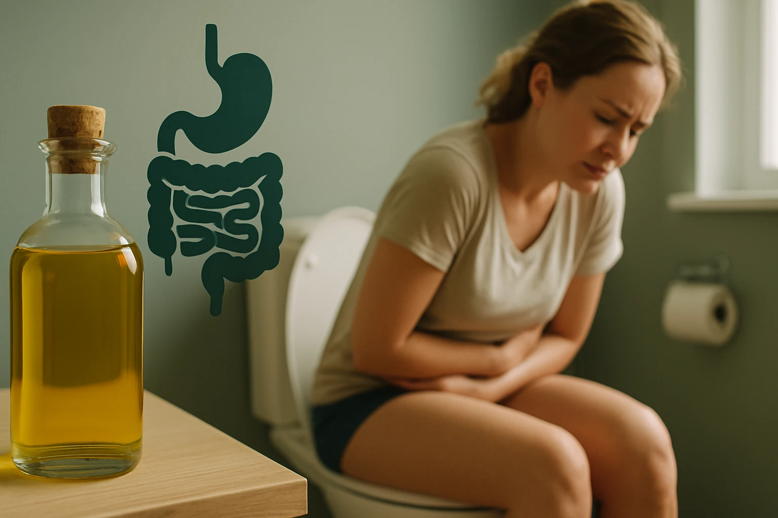 Egy nő ül a WC-n, fájdalmas arckifejezéssel, mellette egy üveg olaj.