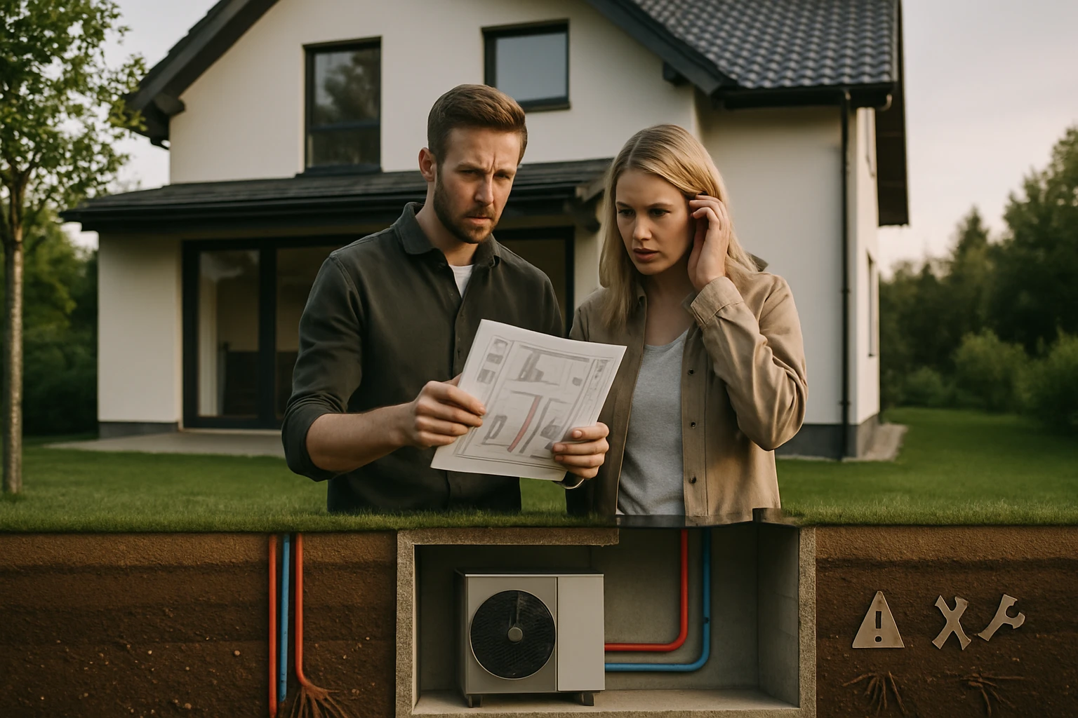 Egy pár áll a ház előtt, építési terveket nézve, a föld alatt látható egy hűtőberendezés.