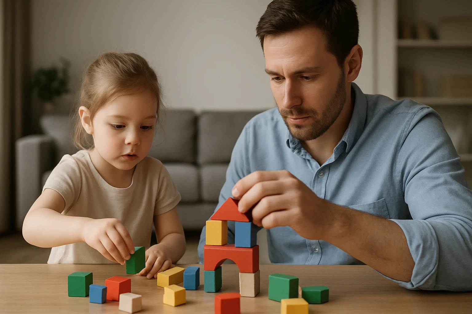 Egy apa és kislánya színes építőkockákkal játszik az asztalon.