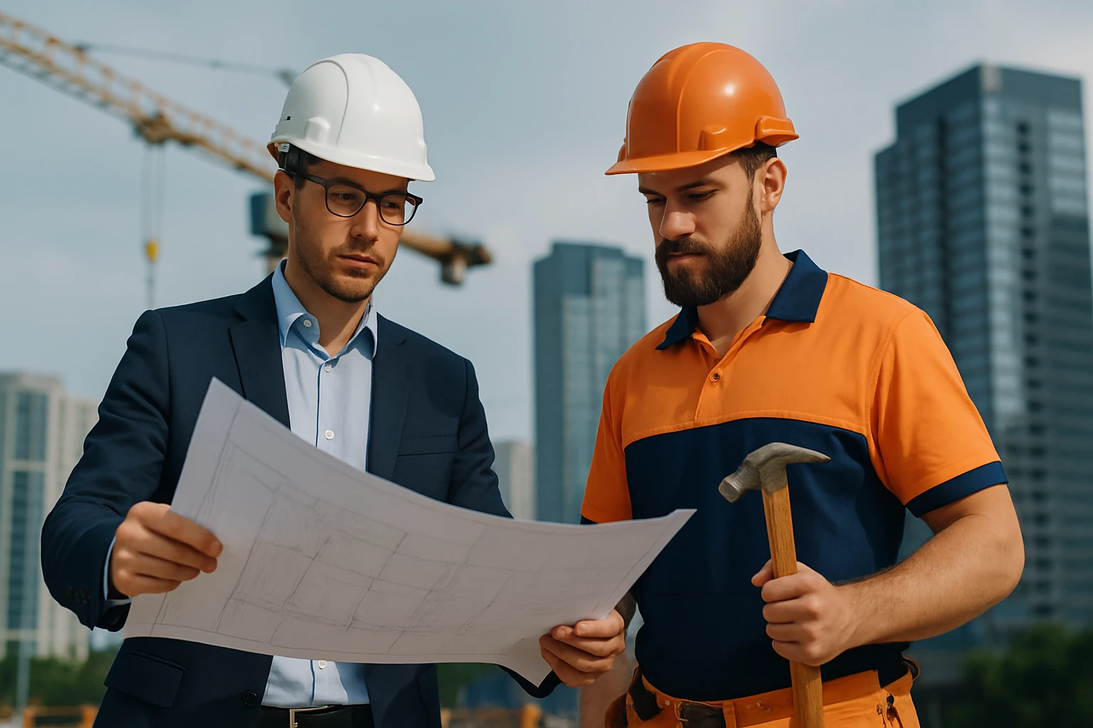 Két férfi, egy építkezésen, építési terveket néznek át.