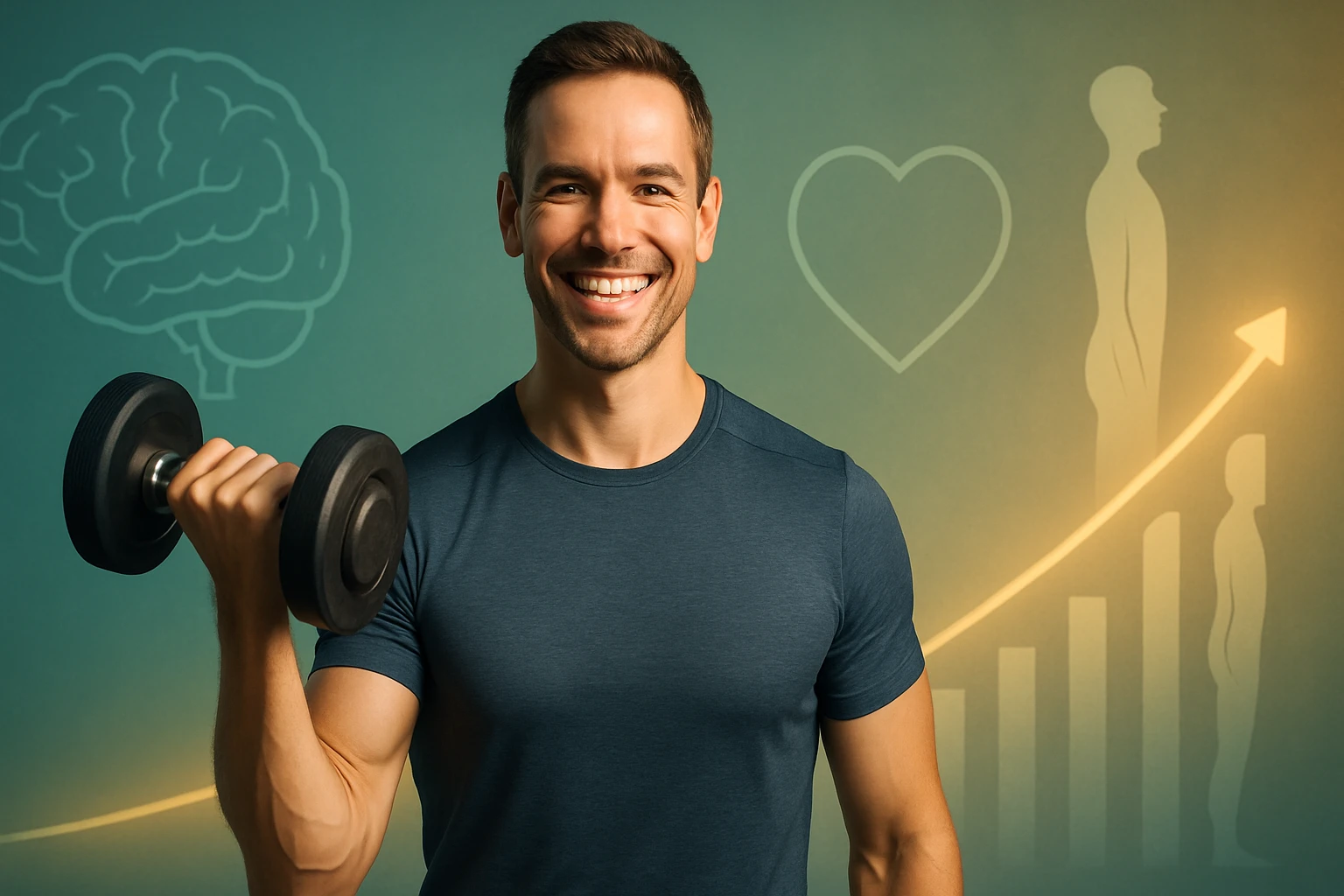 Egy mosolygó férfi súlyzóval a kezében, háttérben egészséges életmód szimbólumokkal.