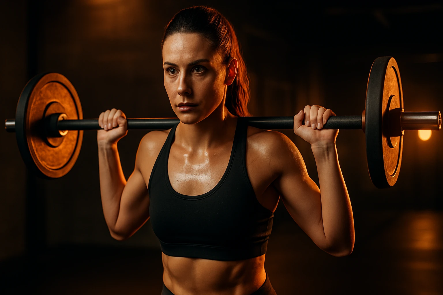 Egy nő súlyzóval edz, koncentrált arckifejezéssel, izzadt bőrrel.