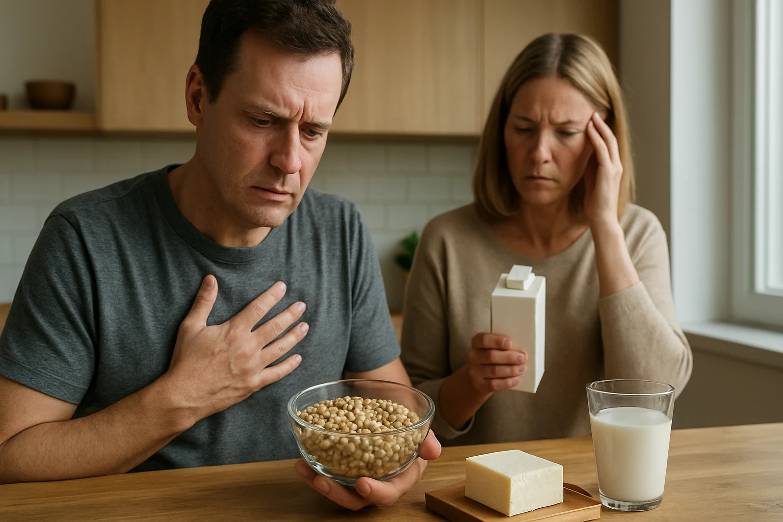 Egy férfi szorongva néz egy tál szójababot, míg egy nő aggodalommal tart egy doboz tejet.