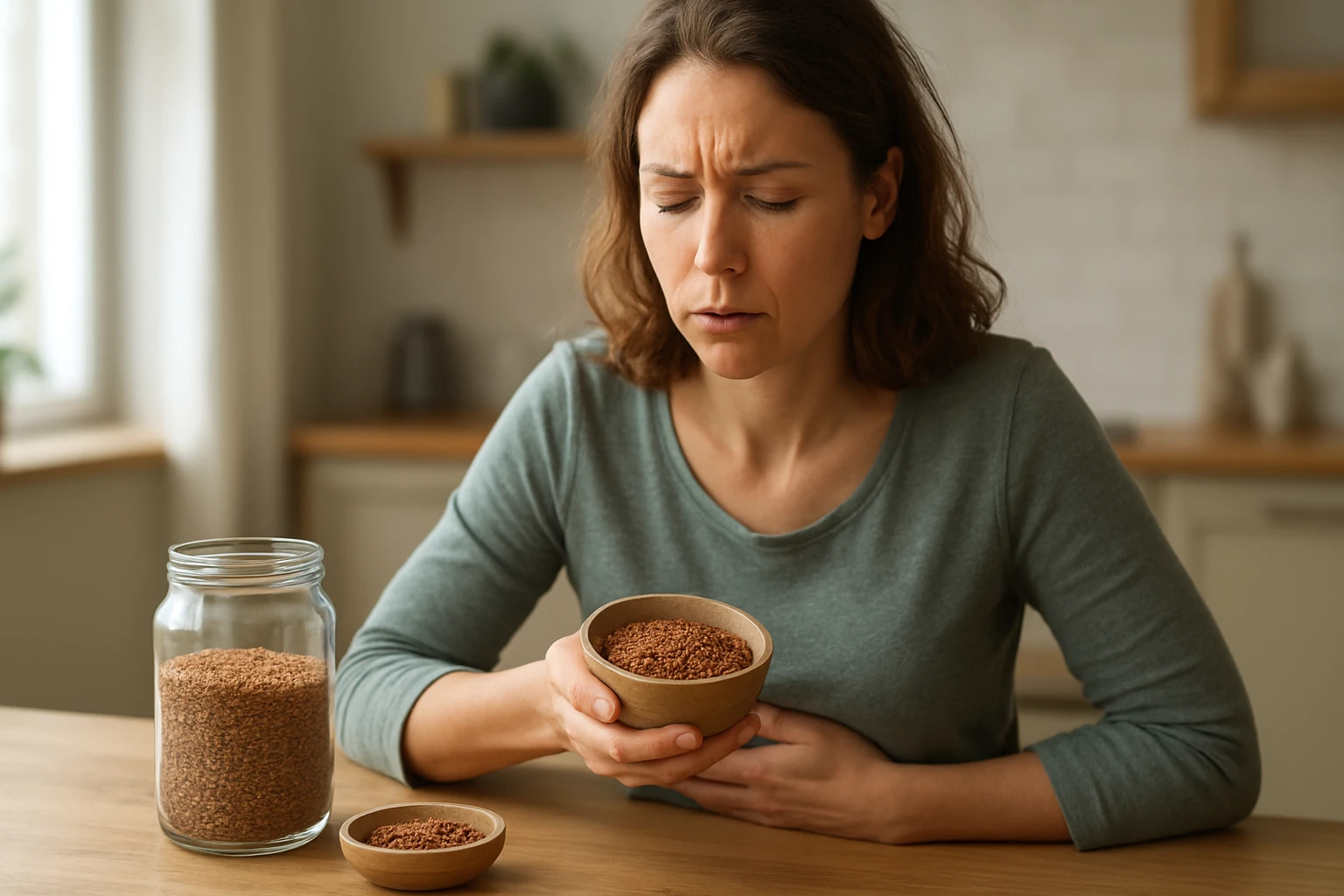 Egy nő szorongva néz egy tálban lévő barna ételre, miközben a gyomrához nyúl.