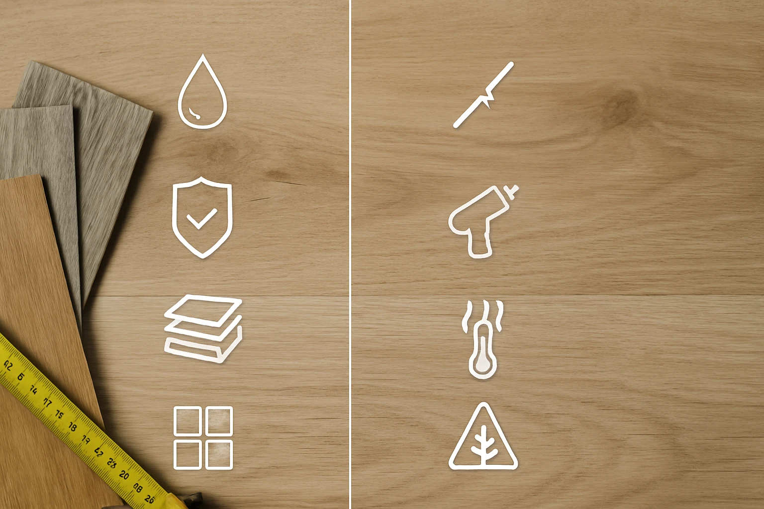 Fából készült lapok és ikonok, mint víz, védelem, hőmérséklet és anyagok.