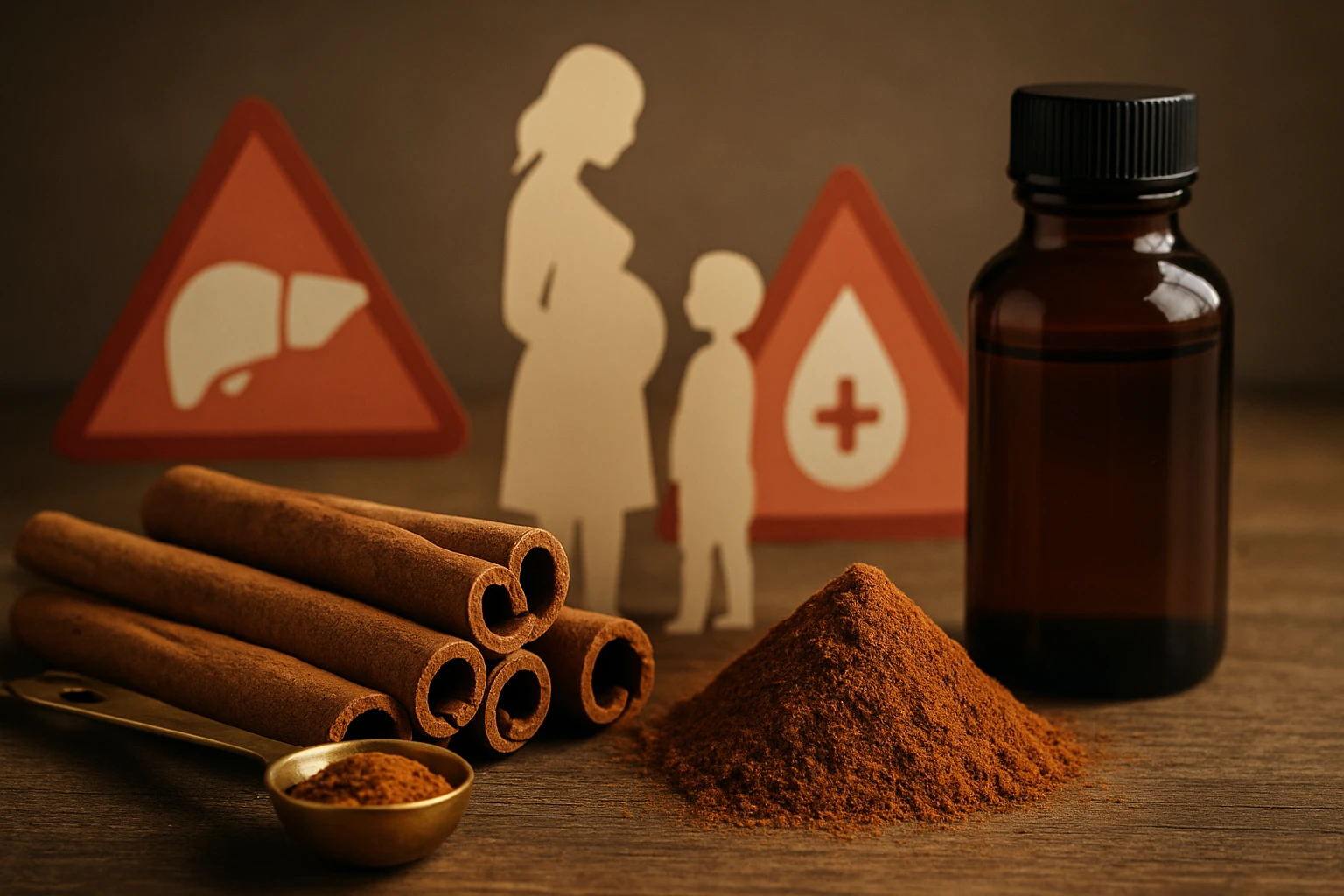 Fűszeres fahéjrudak, por és egy üveg, egészségügyi figyelmeztetésekkel ellátott háttérben.