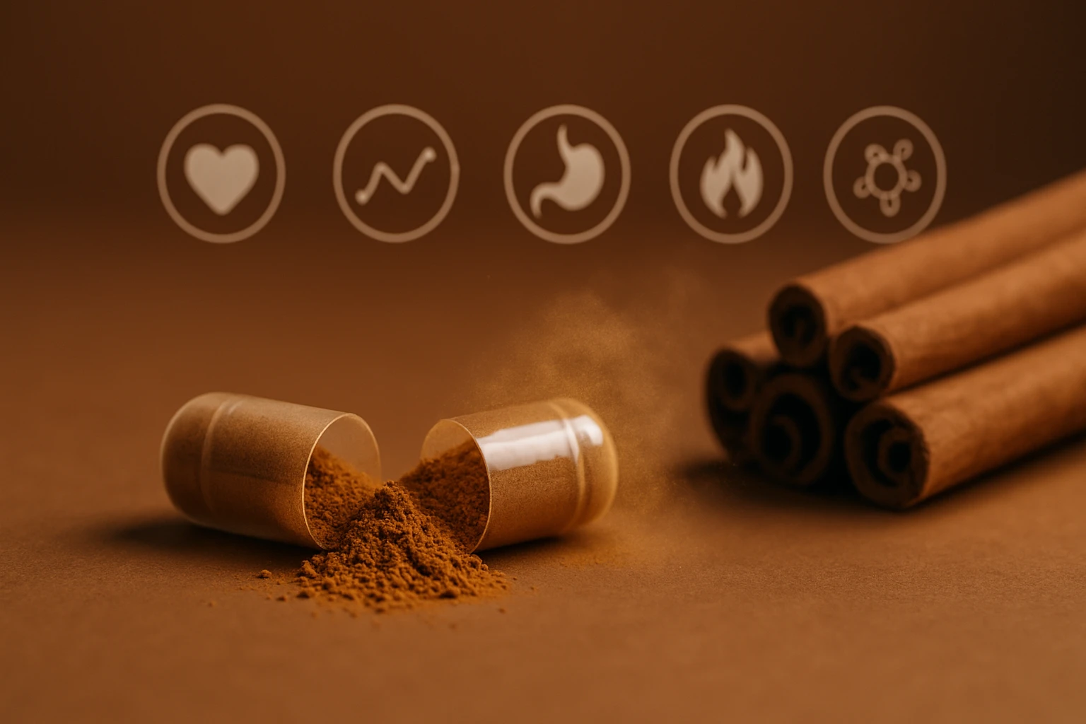 Két nyitott kapszula, belsejükből fahéjpor szóródik ki, mellette fahéjrudak.