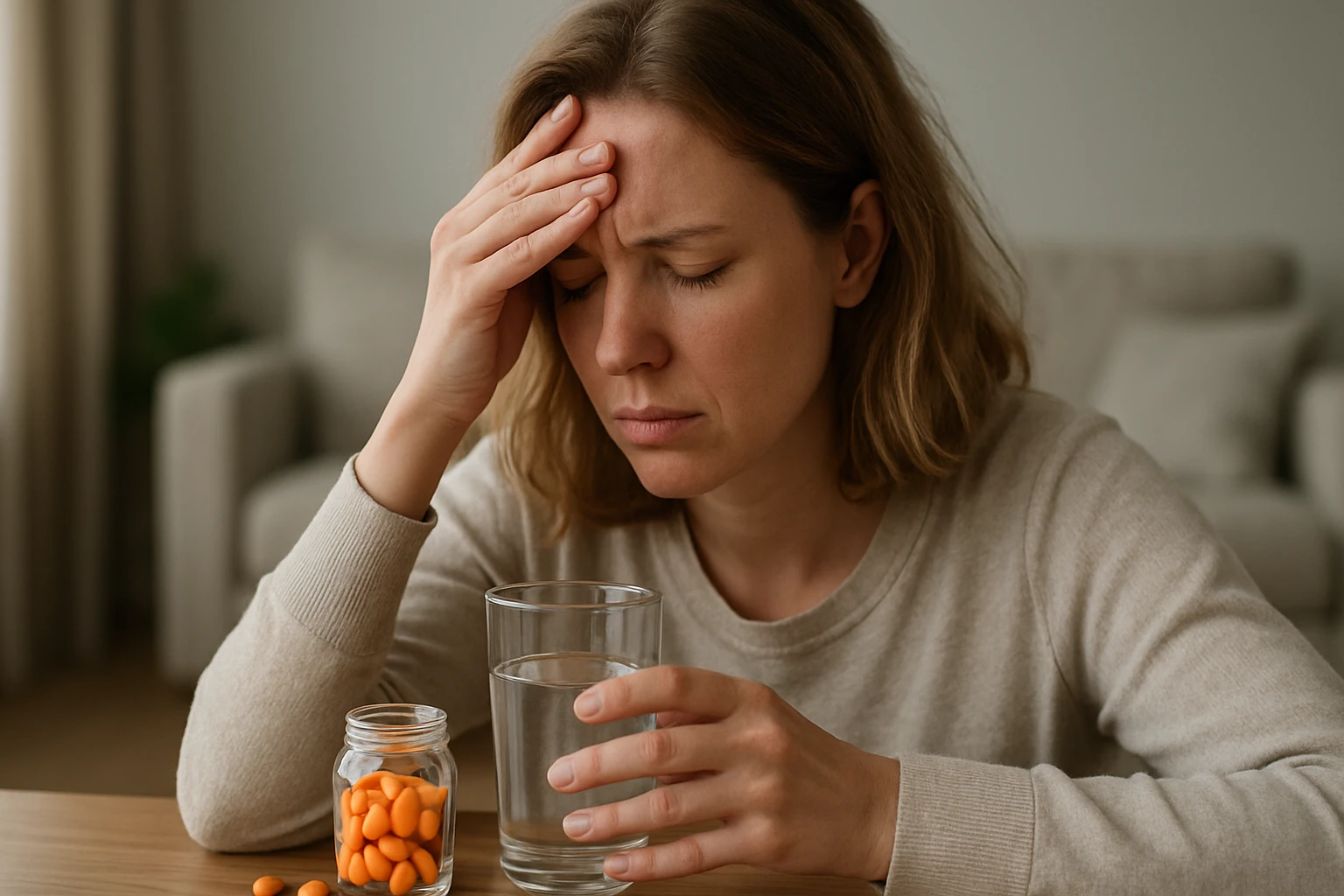 Egy nő fájdalmas arckifejezéssel, kezét a homlokán tartva, vízzel teli poharat és gyógyszereket tart a kezében.