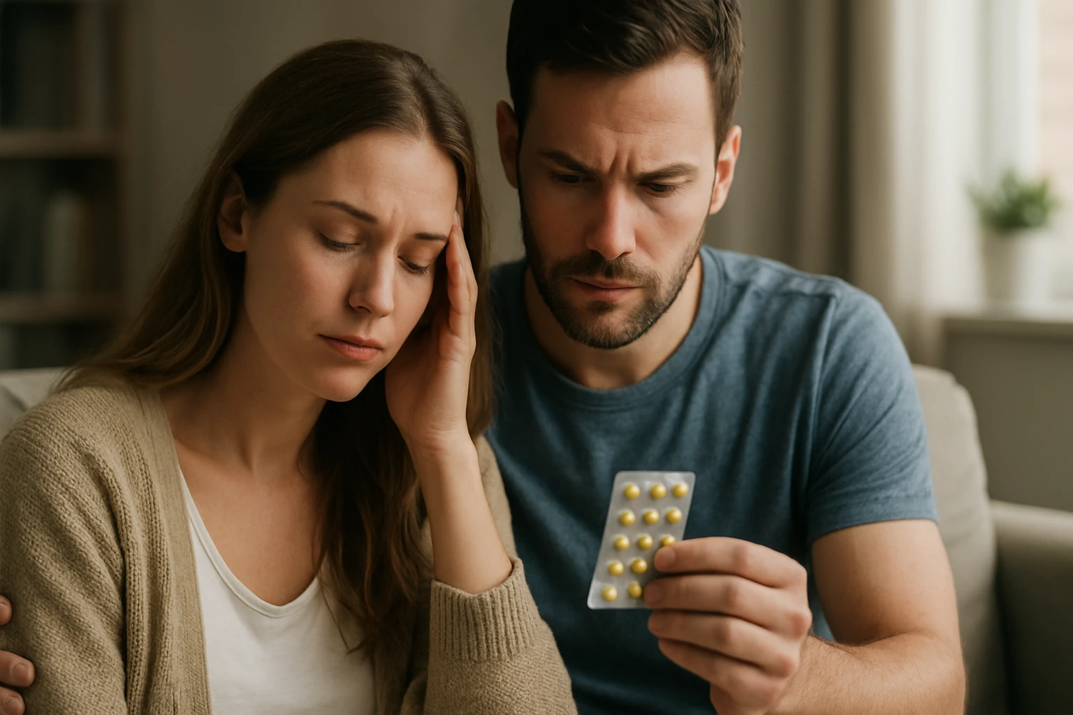 Egy nő fájdalmasan gondolkodik, míg a férfi mellette gyógyszert néz.