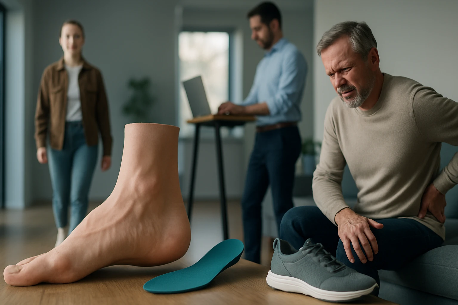 Egy férfi ül a kanapén, fájdalmas arccal, míg egy műlábat és talpbetétet néz.
