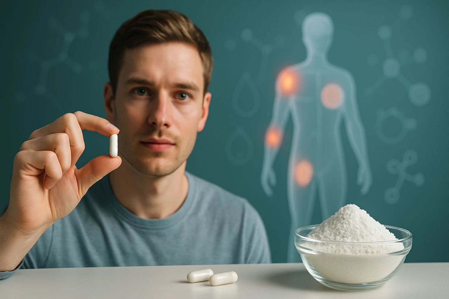 Egy fiatal férfi egy fehér kapszulát tart a kezében, mögötte egy emberi alak látható, amelyen fájdalom pontok világítanak.