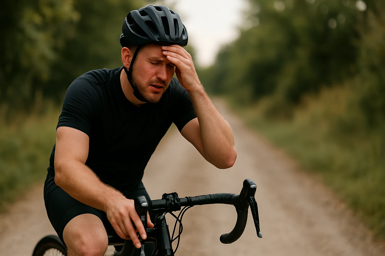 Fáradt kerékpáros, aki az út szélén megállt, kezét a homlokán tartja.