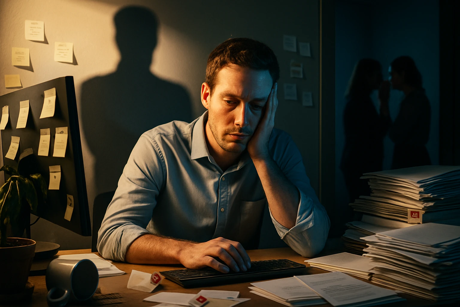 Egy férfi fáradtan ül az íróasztalánál, miközben a számítógép előtt gondolkodik.