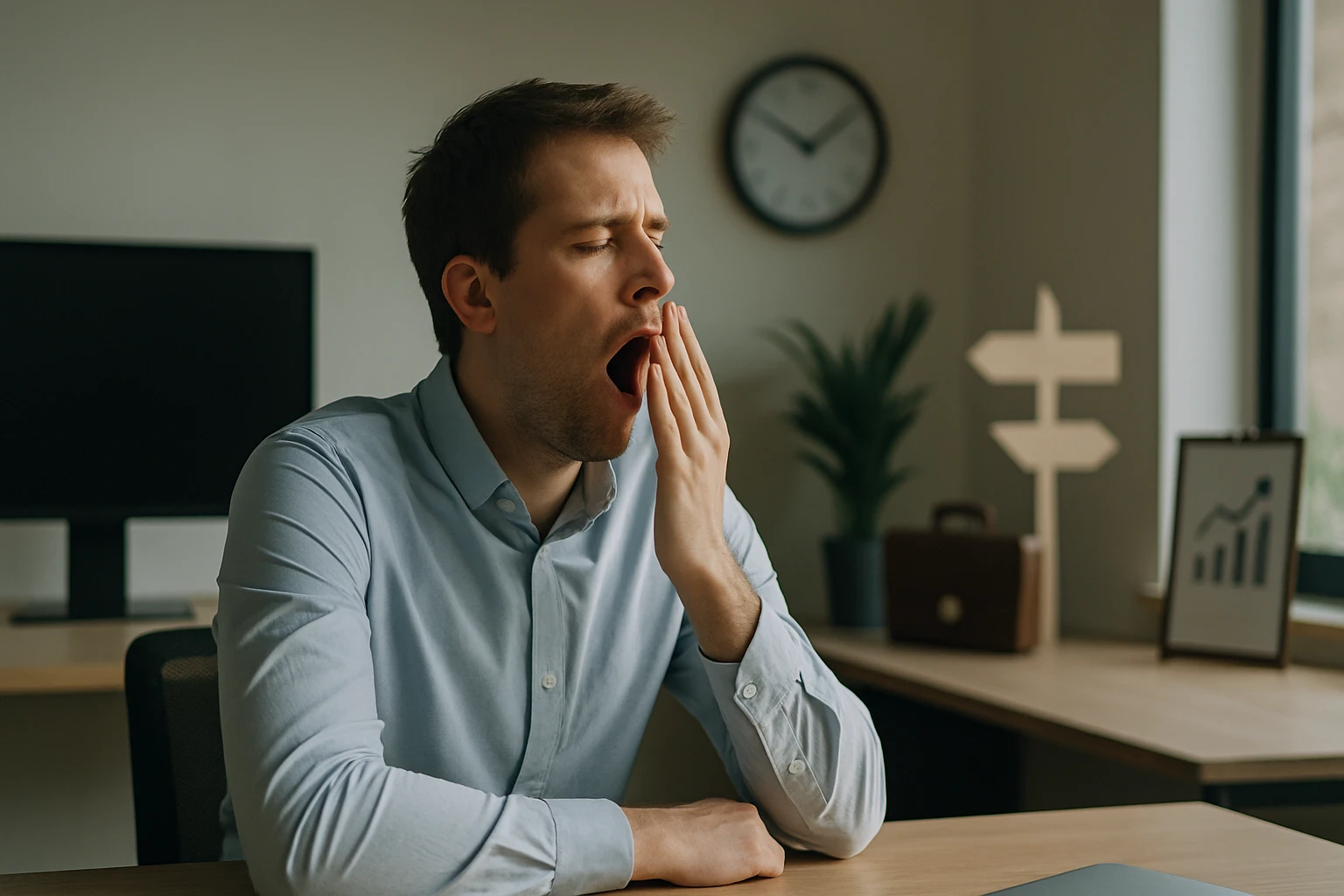 Egy fiatal férfi ásít, miközben az íróasztalánál ül, háttérben óra és növény.