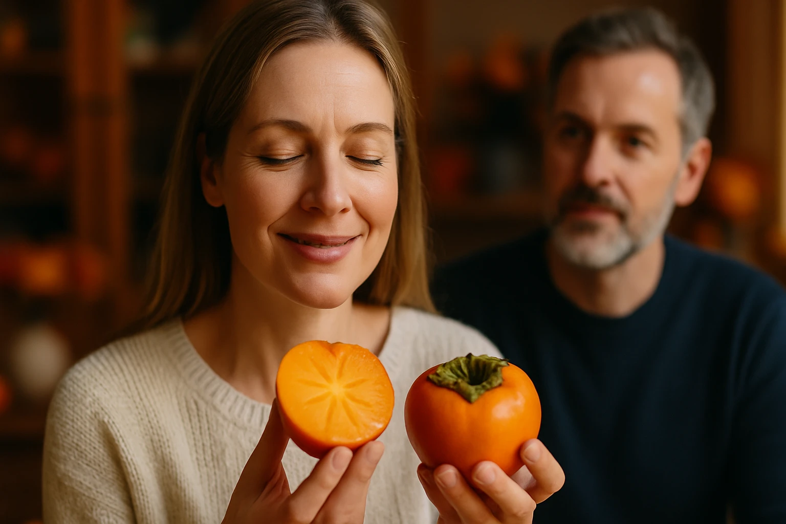 Egy nő boldogan tart a kezében egy félbevágott és egy egész datolyaszilvát, miközben egy férfi figyeli őt.