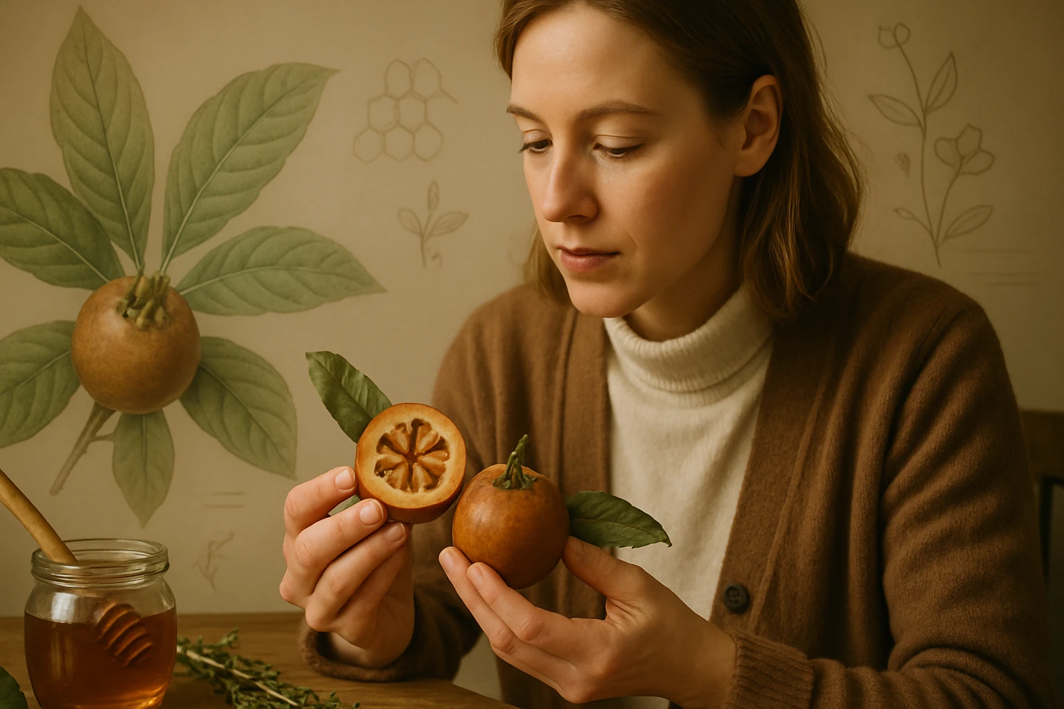 Egy nő a kezében tart egy félbevágott gyümölcsöt és egy egész gyümölcsöt, háttérben növényi motívumokkal.