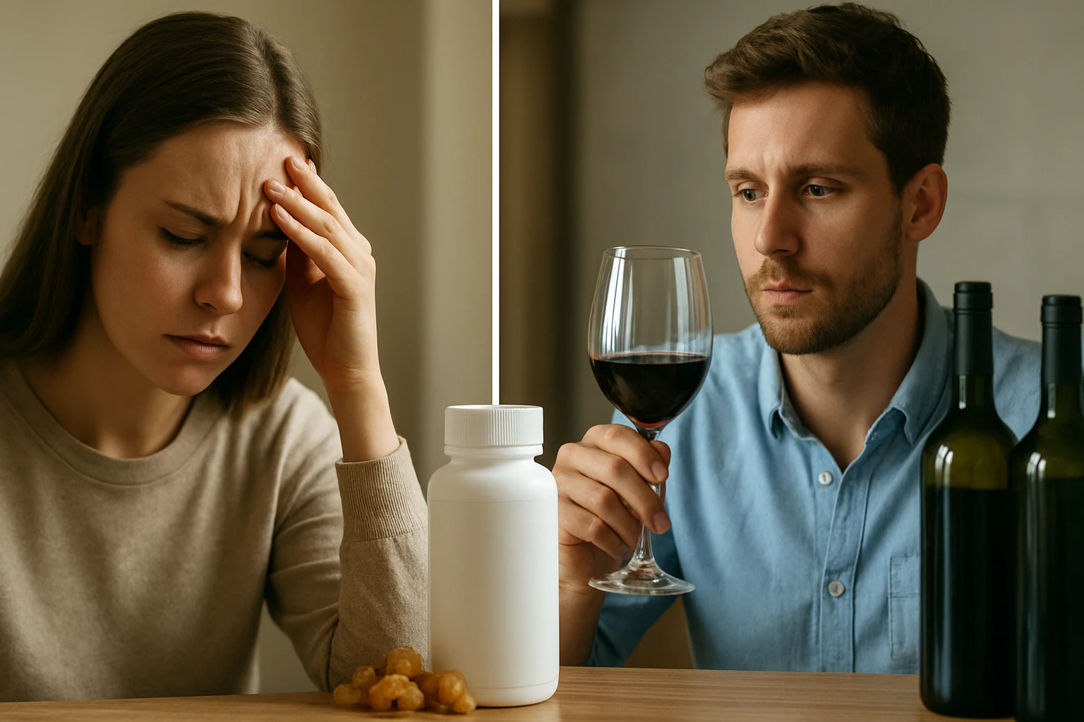 Egy nő fejfájással küzd, míg egy férfi vörösbort néz egy pohárban, mellette borosüvegek.