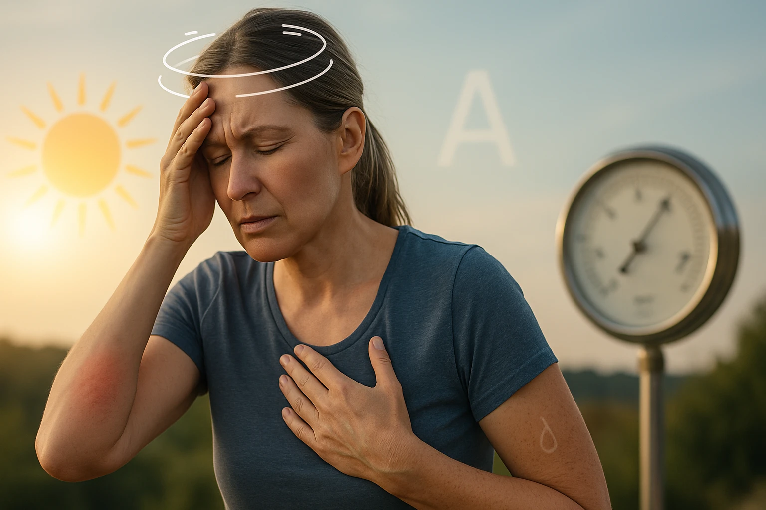 Egy nő, aki fejfájással küzd, a napfényben áll, kezével a homlokán.
