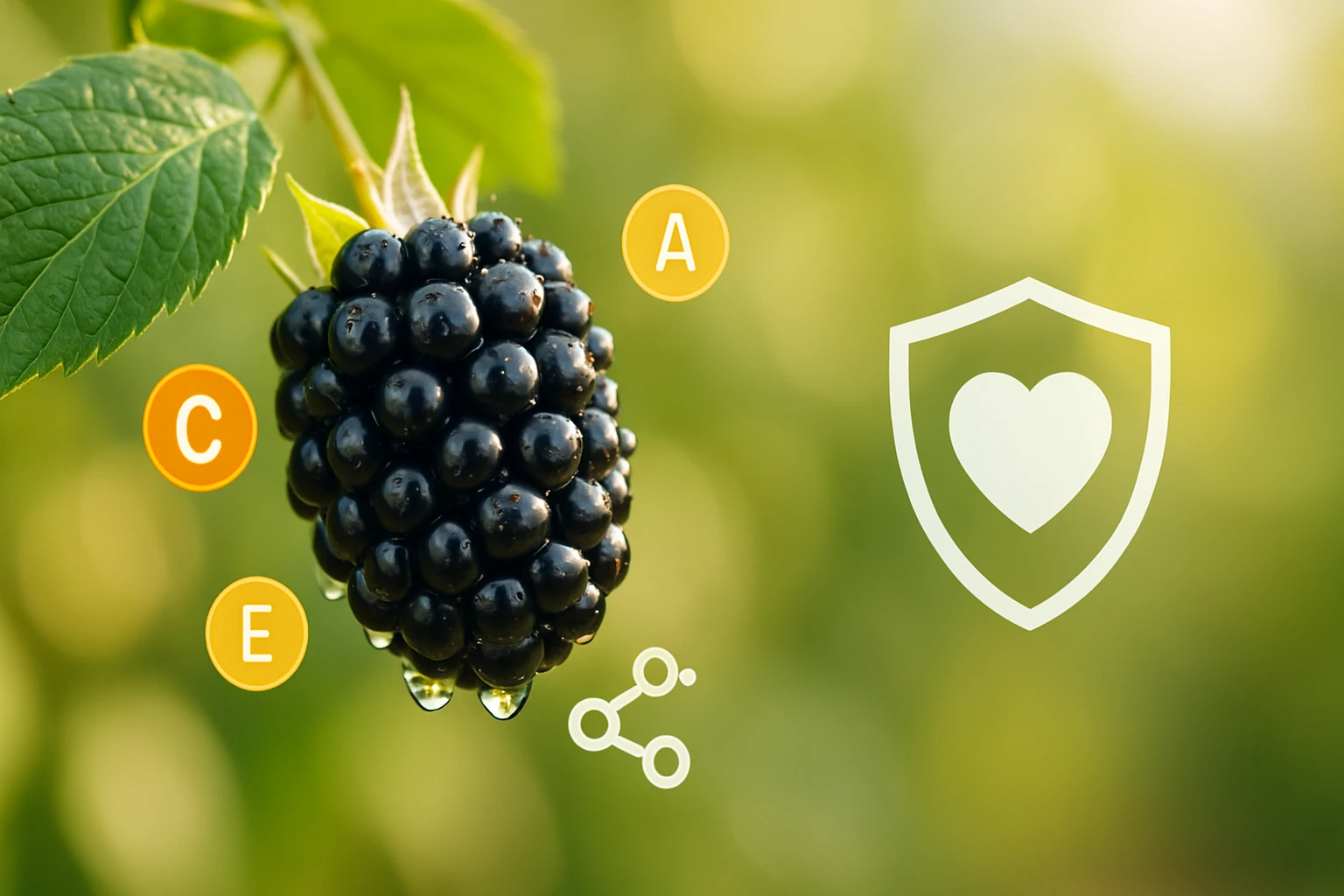 Érett fekete áfonya csepp vízzel, vitaminokkal és szívvédő szimbólummal.