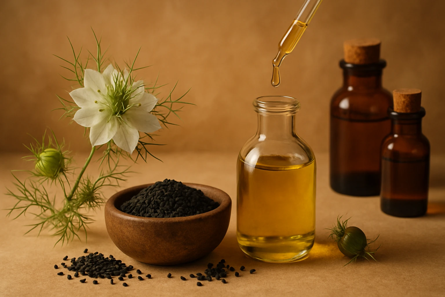 Fekete kömény magok, olaj és virág egy természetes háttér előtt.
