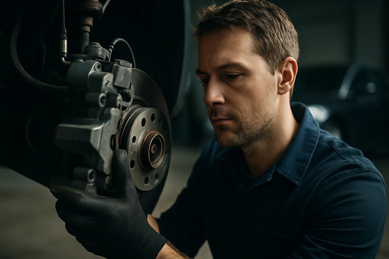 Egy férfi figyelmesen ellenőrzi a féknyerget egy autószerelő műhelyben.