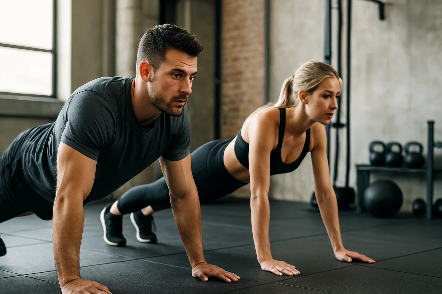 Két ember fekvőtámaszban edz egy modern edzőteremben, figyelmes arckifejezéssel.