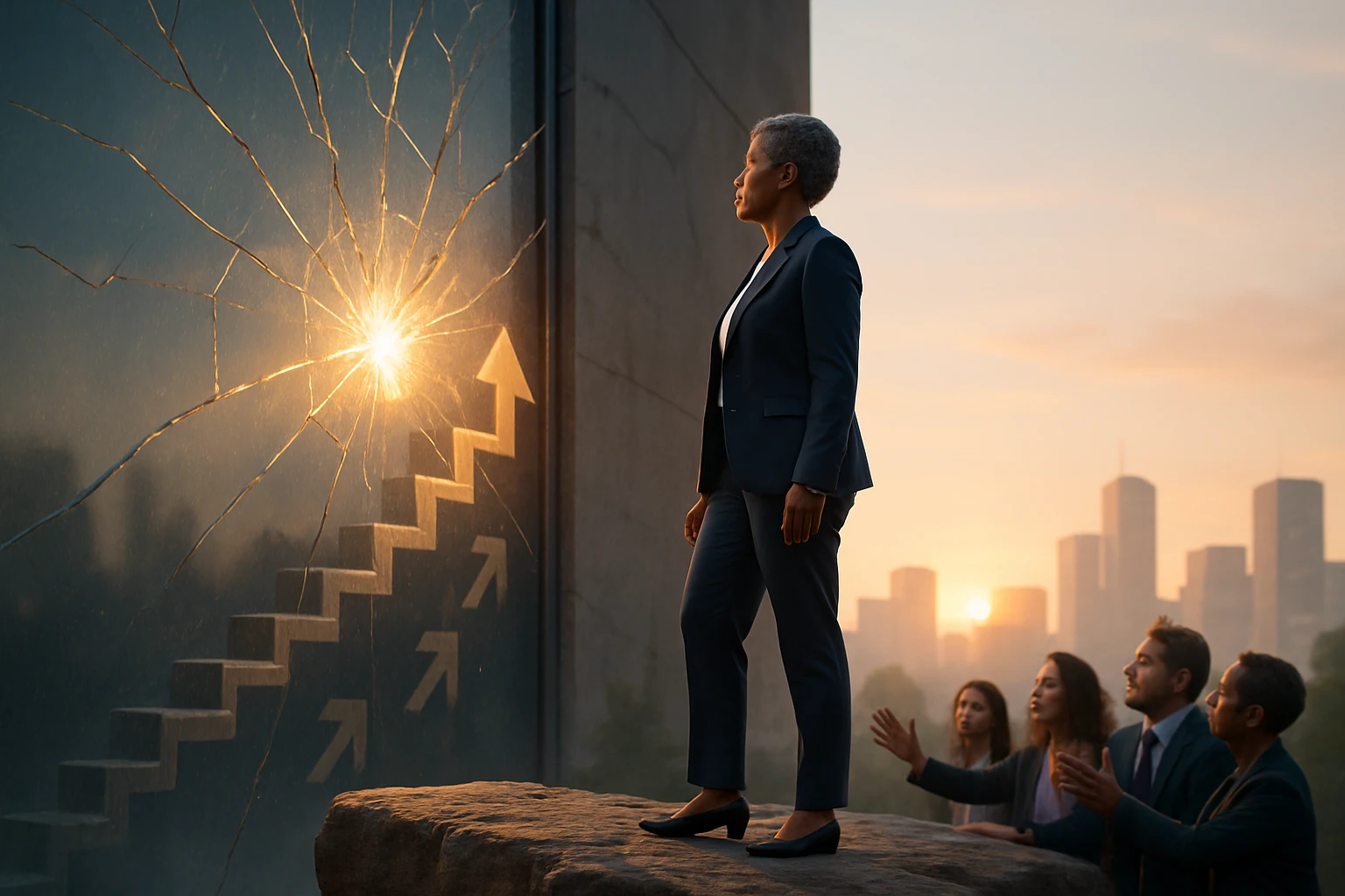 Egy nő áll egy sziklán, miközben egy törött üvegen keresztül néz a városra, ahol felfelé mutató nyilak láthatók.