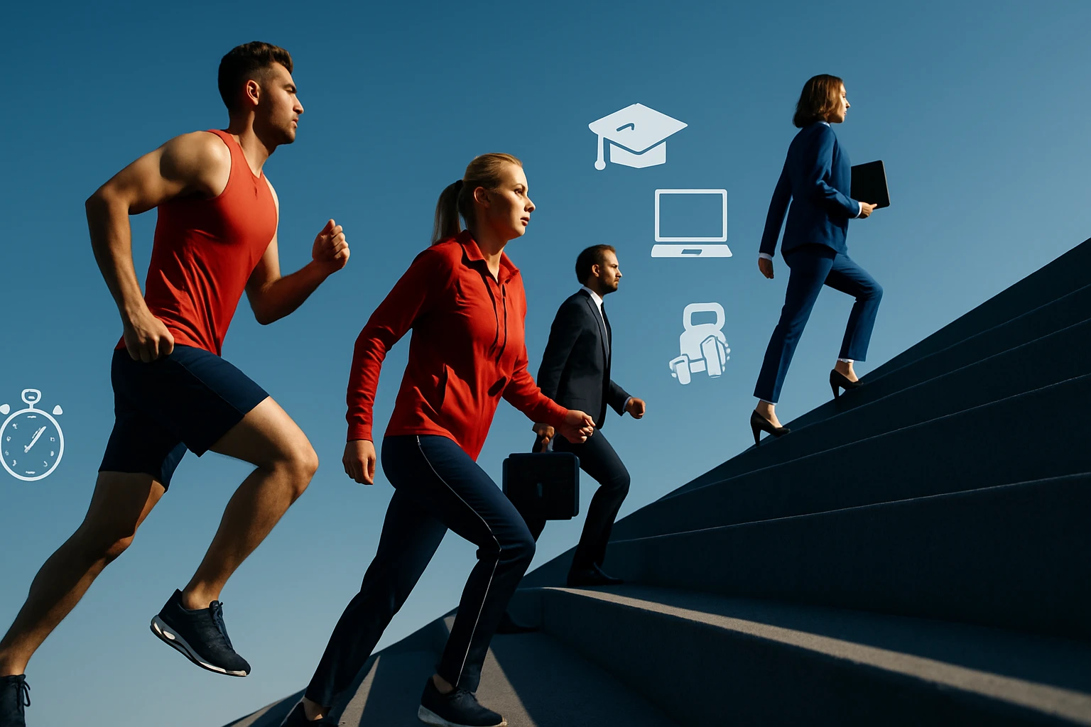 Különböző emberek lépcsőn haladnak felfelé, sportos és üzleti öltözetben.