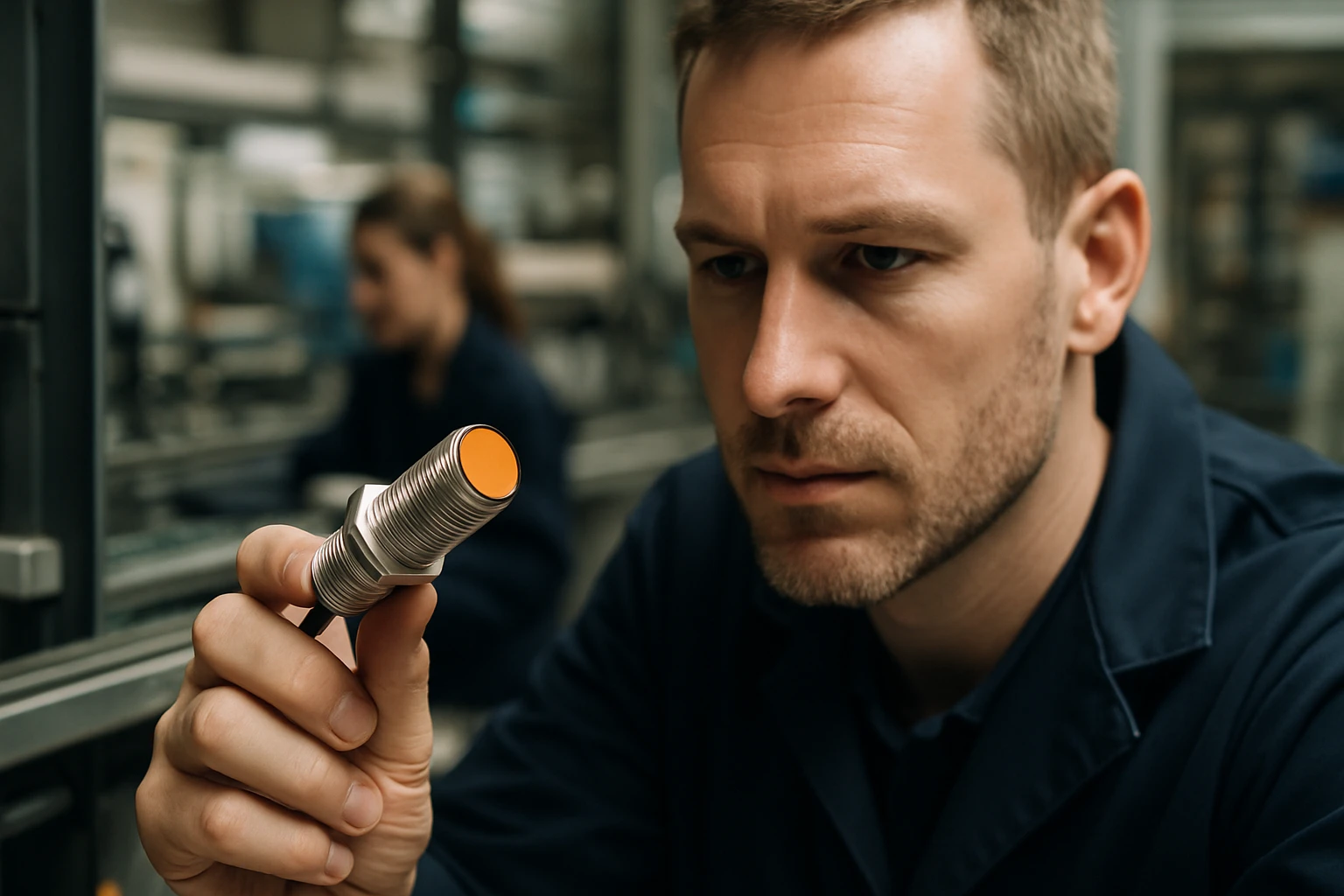 Egy férfi közelről néz egy fém érzékelőt, amelynek narancssárga feje van.