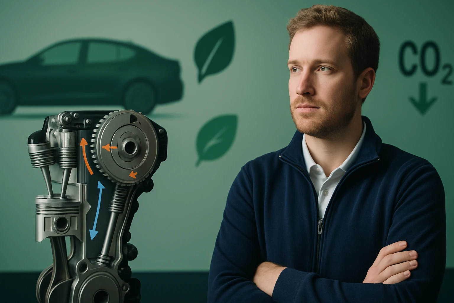 Egy férfi áll egy autó motorjának modellje mellett, háttérben zöld levelek és CO2 csökkentés szimbólumok láthatók.