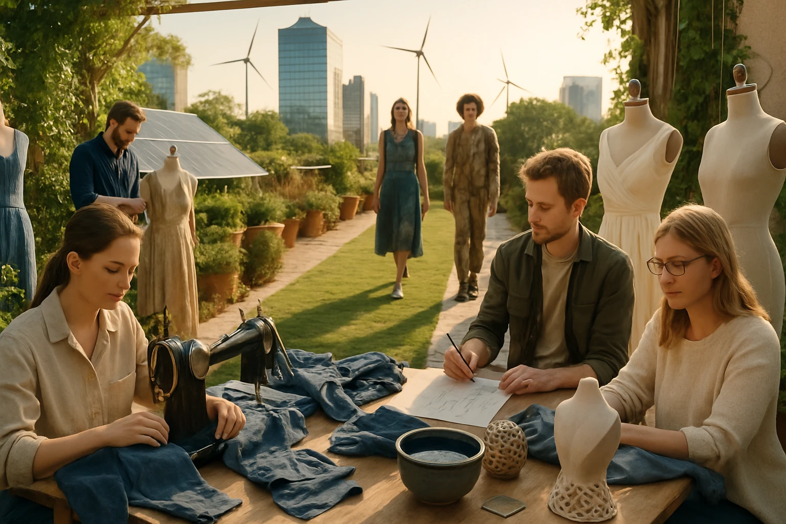 Kreatív csapat dolgozik a szabadban, varrógép mellett, divattervezés közben.