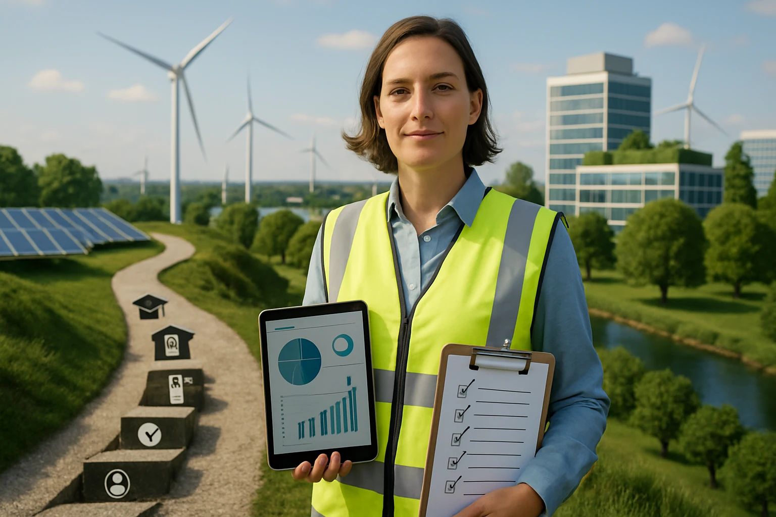 Egy nő zöld mellényben, táblagépen grafikonokat nézve, szélkerék és napelem háttérben.