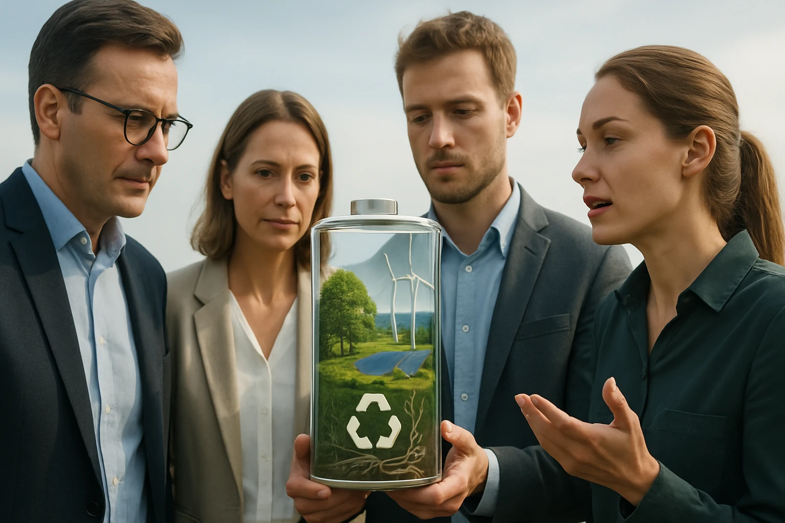 Négy ember áll egy üveg akkumulátorral, amelyen zöld táj látható, a fenntarthatóság témájában.