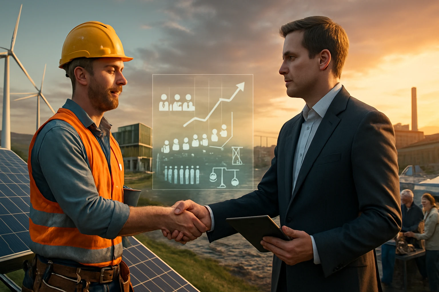 Két férfi, egy építőmunkás és egy üzletember, kezet fog a naplementében, háttérben szélkerék és napelemek.