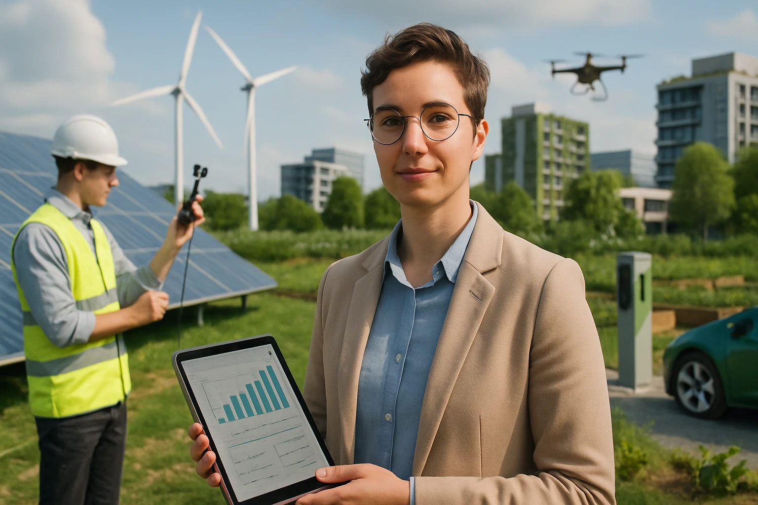 Egy fiatal nő tabletet tart a kezében, háttérben napelemek és szélerőművek láthatók.