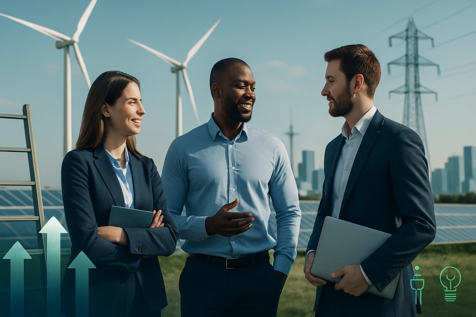 Három üzletember beszélget egy napenergiával működő területen, szélerőművek háttérben.
