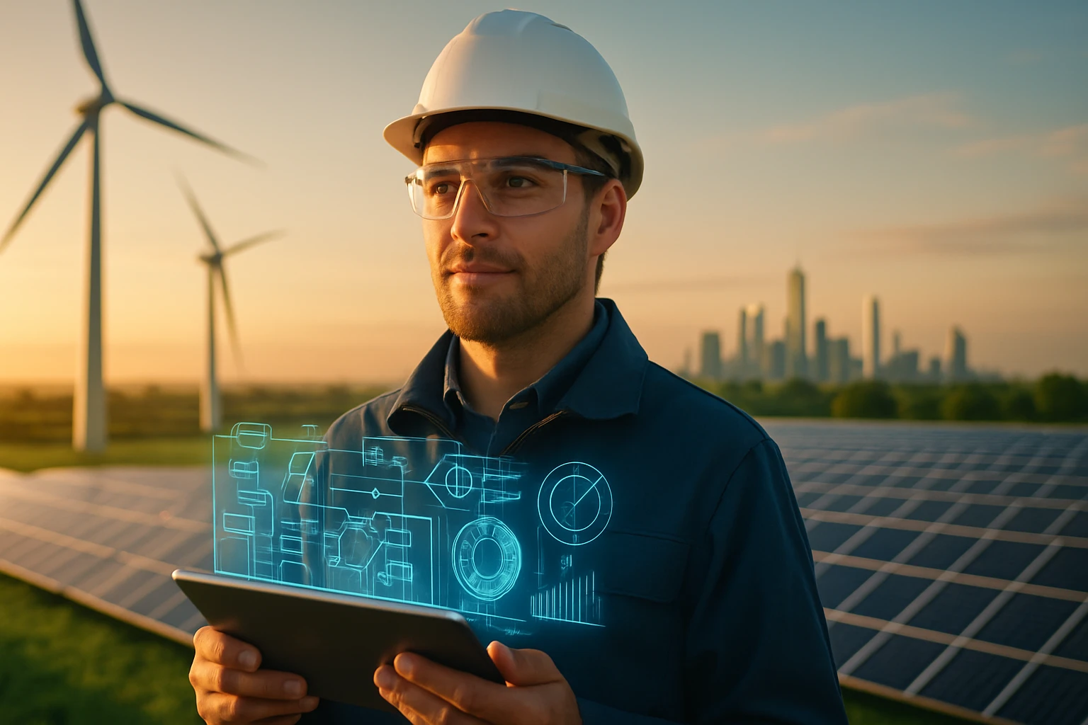 Egy mérnök naplementében, napenergia panelek és szélturbinák között, digitális táblagépet tart a kezében.