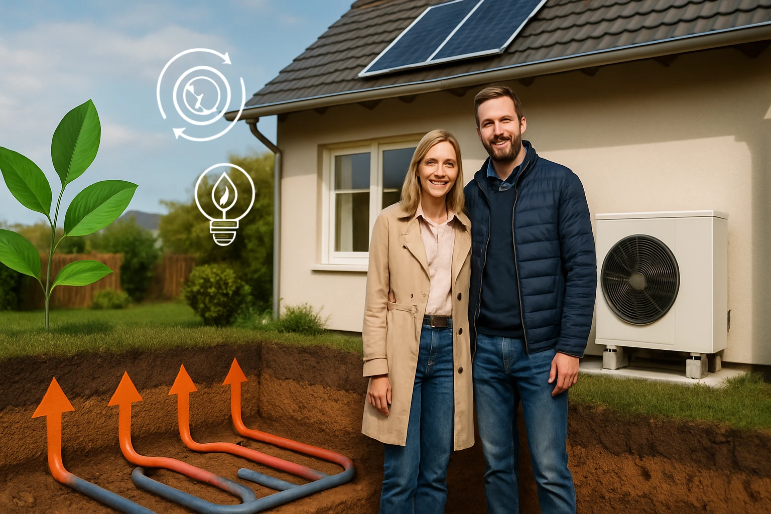 Egy pár áll a ház előtt, mögöttük napkollektor és hőszivattyú látható, a földben csövek futnak.