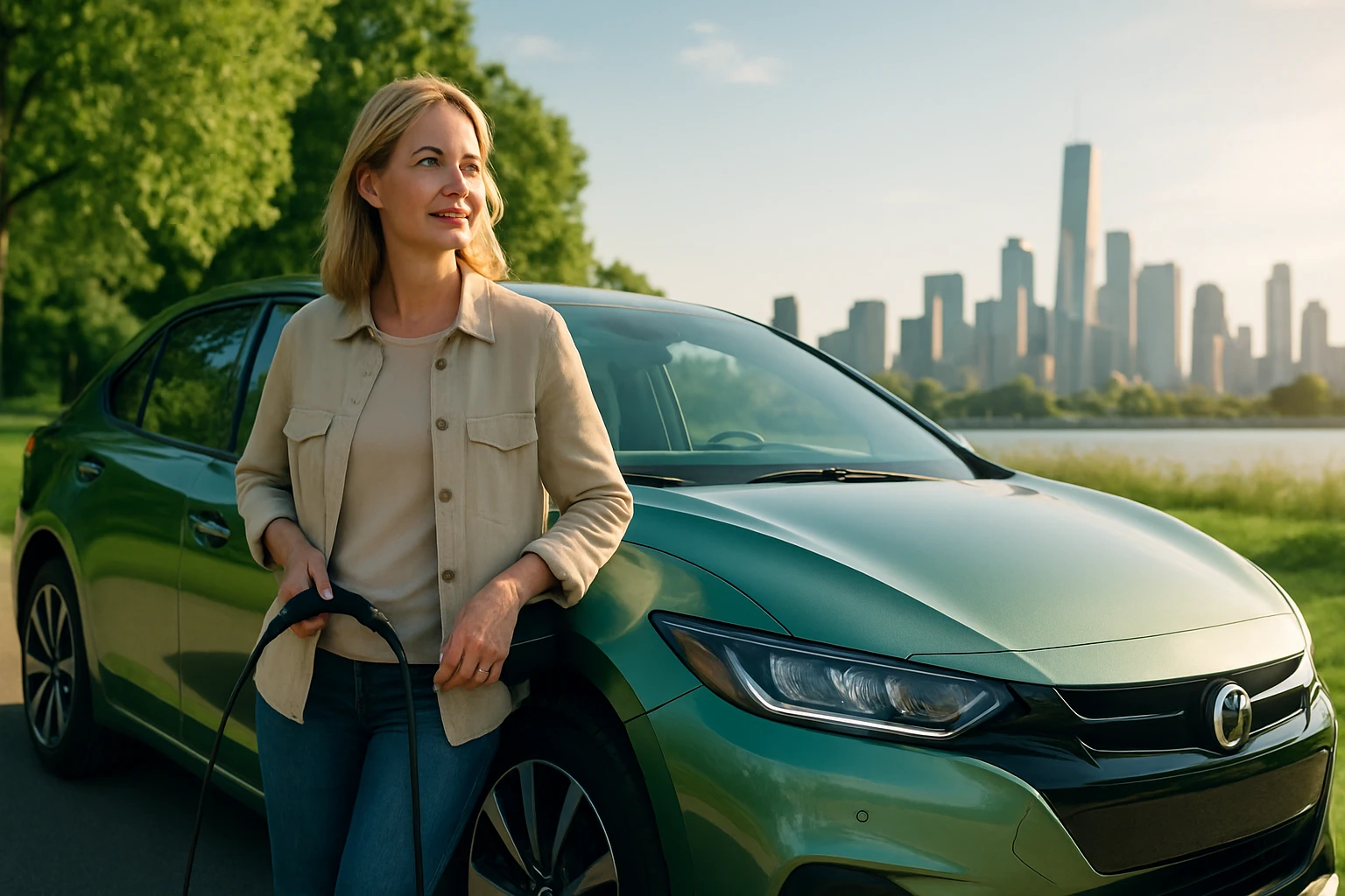 Egy nő áll egy zöld autó mellett, miközben a város sziluettje látható a háttérben.