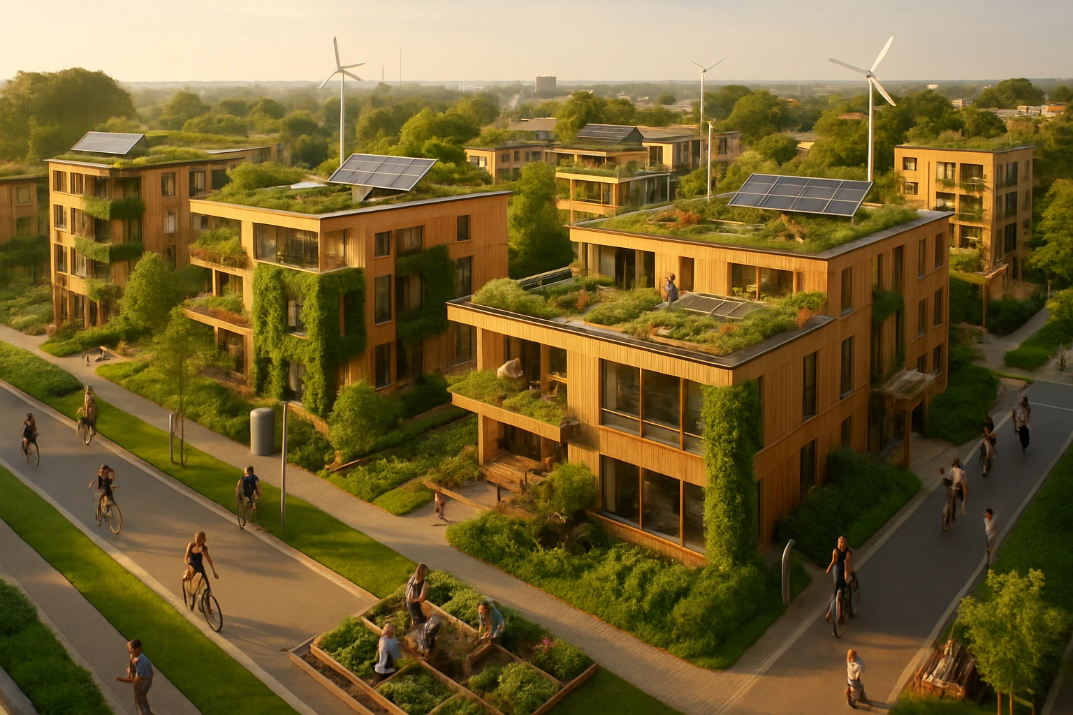 Fenntartható lakóépületek zöld tetőkkel és napelemekkel, kerékpárosokkal a sétányon.