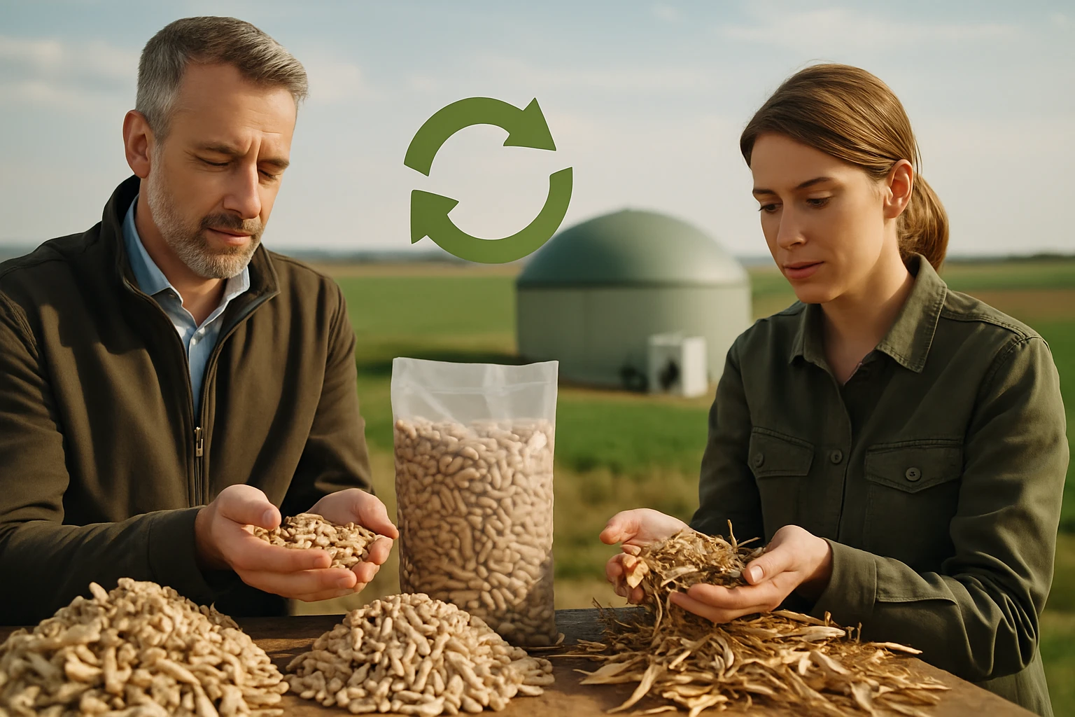 Két ember, akik különböző növényi anyagokat tartanak a kezükben, a háttérben mező és biogáz üzem látható.